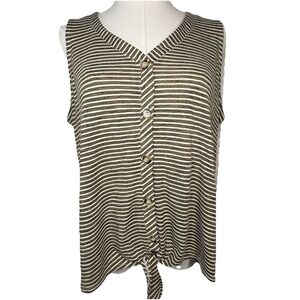 Rose + Olive Shirt Womens L Sleeveless Front Hem Tie Top Green Khaki Striped